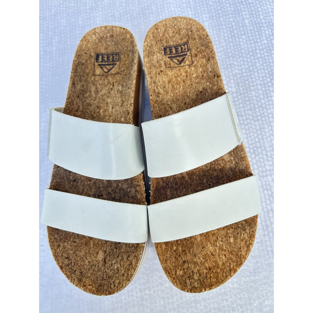 Reef Cushion Vista Hi White Double Strap Cork Platform Slide Sandals Womens 8